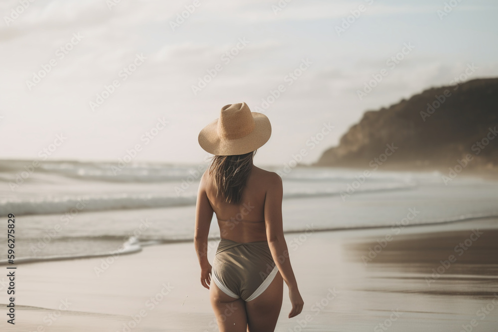 Beachside Beauty: A Woman in a Swimsuit by the Shore