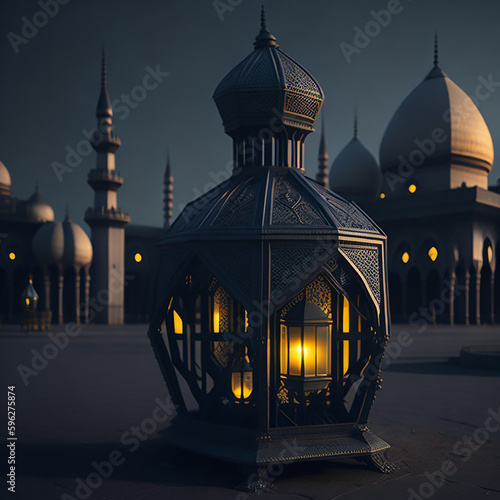 A group of lantern lights that are lit up with a bronze color and a mosque as a background