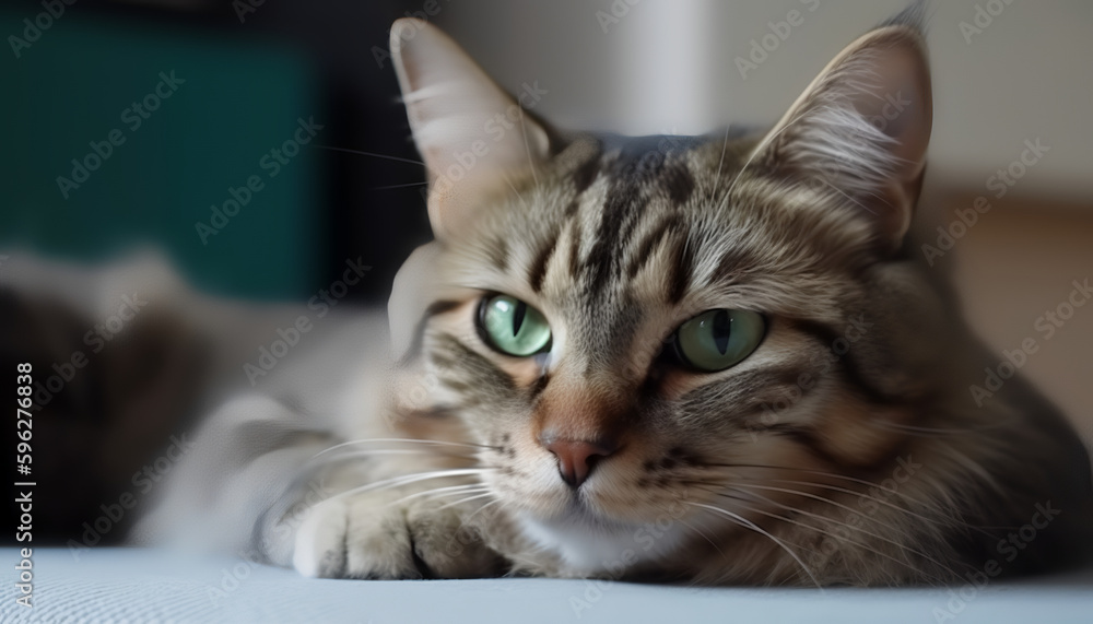 Living their best life, This happy and beautiful cat is lounging on a soft, light surface, basking in the comfort and contentment that comes with being a beloved feline.