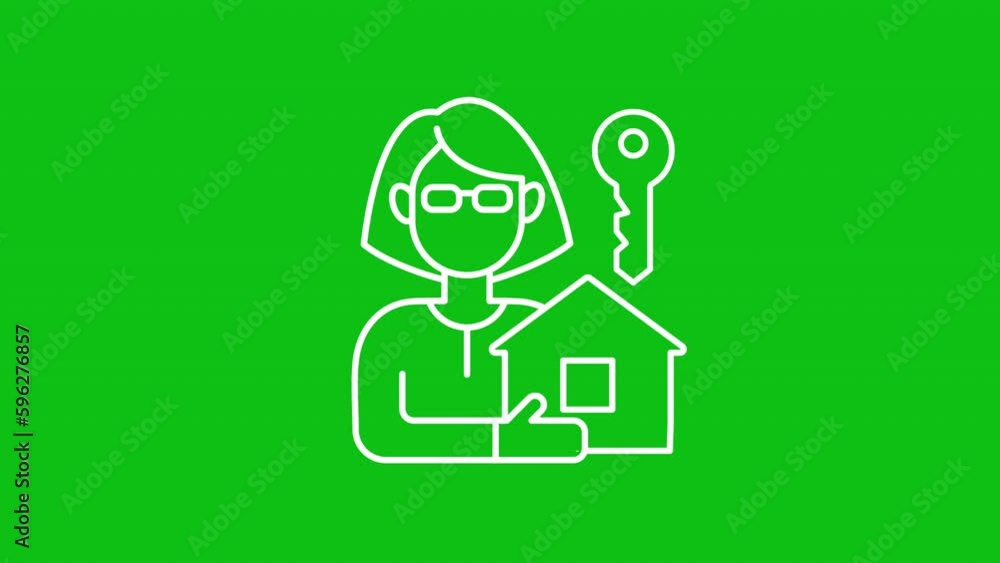 Realtor white line animation. Woman holding house. Real estate agent. Property manager. Seamless loop HD video with alpha channel on transparent background. Animated outline icon for night mode Realtor white line animation. Woman holding house. Real estate agent. Property manager. Seamless loop HD video with alpha channel on transparent background. Animated outline icon for night mode