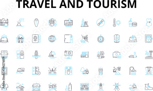 Travel and tourism linear icons set. Adventure, Backpacking, Beaches, Culture, Eco-tourism, Food, Hospitality vector symbols and line concept signs. Islands,Landmarks,Mountains illustration