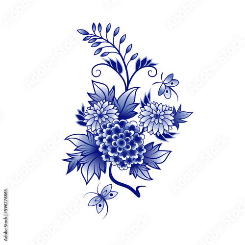 Photography Blue and white bouquet of abstract flowers and butterflies