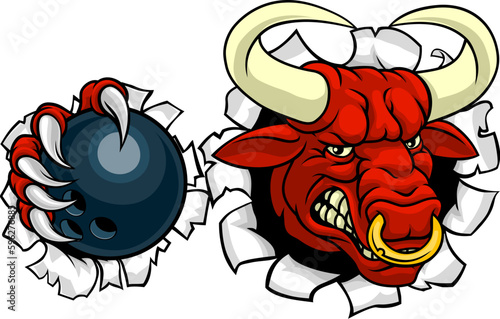 A bull or Minotaur monster longhorn cow angry mean ten pin bowing mascot cartoon.