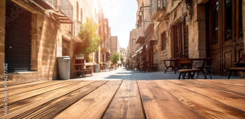 Wood table mockup with Medina city street in shallow depth of field. Copy space for product. Generative AI