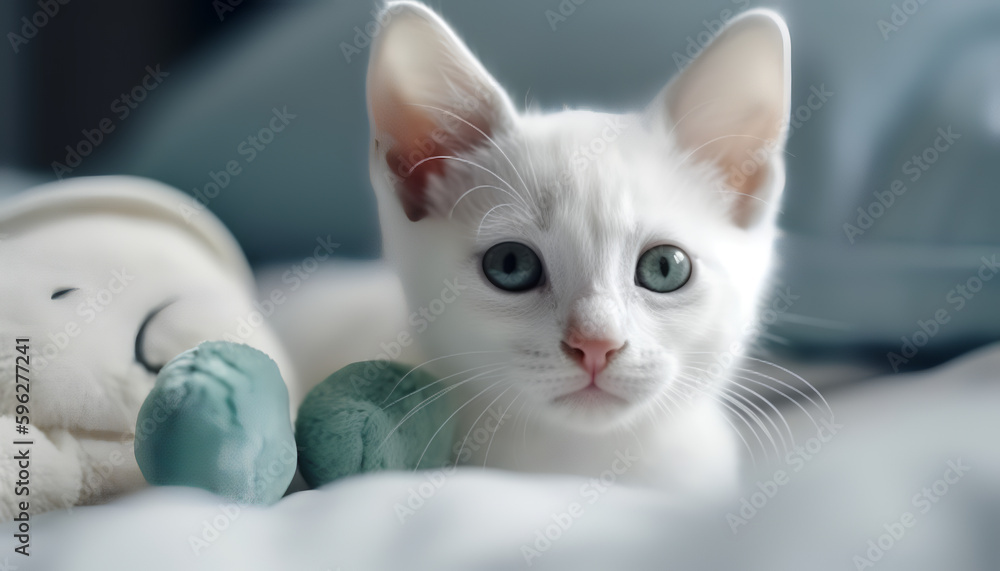 Captivating eyes and cozy vibes: This cute cat steals the show as they stare directly into the camera while resting on a soft, white surface - a truly beautiful kitten indeed.