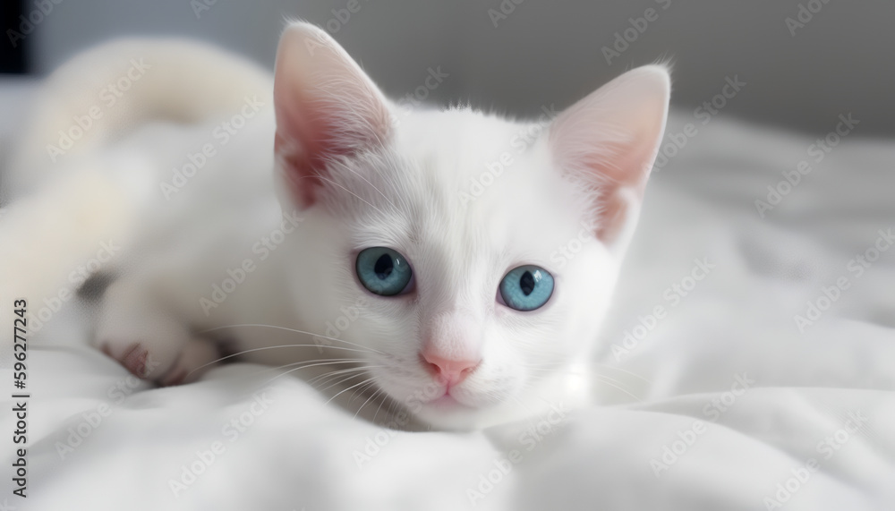 Captivating eyes and cozy vibes: This cute cat steals the show as they stare directly into the camera while resting on a soft, white surface - a truly beautiful kitten indeed.