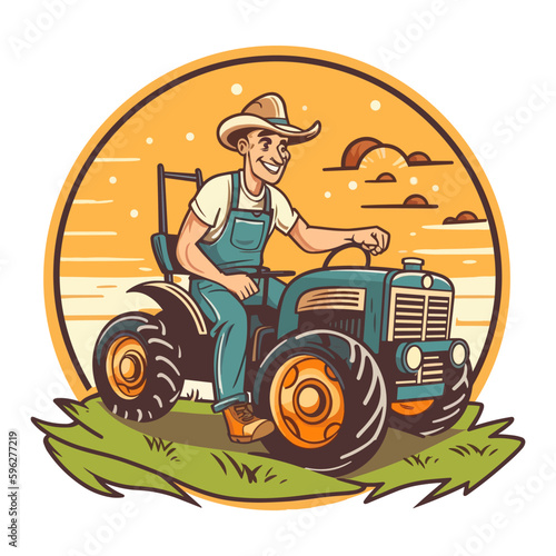 A farmer drives his tractor. A healthy lifestyle, agriculture, farm concept. Cartoon vector illustration. label, sticker, t-shirt printing