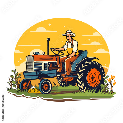 A farm tractor goes to plough a field. A healthy lifestyle, agriculture, farm concept. Cartoon vector illustration. label, sticker, t-shirt printing