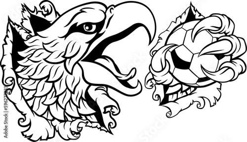 A bald eagle or hawk with claw talons holding a soccer football ball and ripping or tearing through the background. Sports Mascot