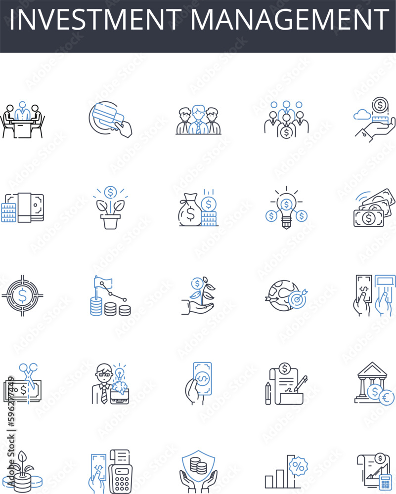 Investment management line icons collection. Wealth management, Asset management, Portfolio management, Financial management, My management, Capital management, Risk management vector Generative AI