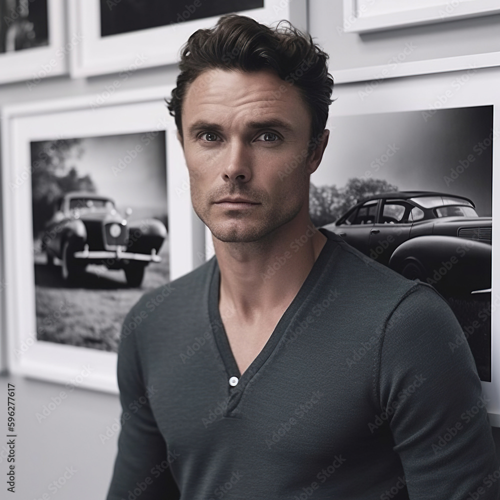 Portrait of sexy man in the background the picture of the car. Generative AI. Portrait of sexy man in the background the picture of the car. Generative AI.