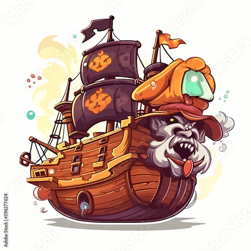 A pirate ship is going out to sea. The adventure of the corsairs. An old medieval sailing ship. Cartoon vector illustration. label, sticker, t-shirt printing