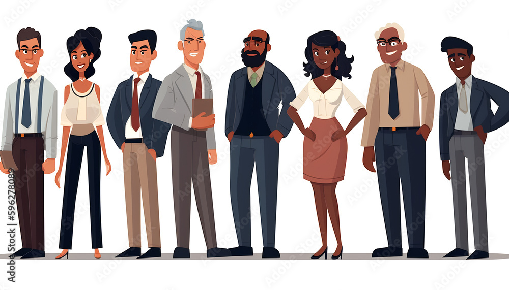 Diversity meets business, A team of cartoon characters from different genders, ages, and body types, dressed in solo office attire, comes together to form an international force in this vector graphic