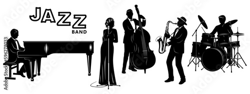 Jazz Band Silhouettes Set. Pianist, Singer, Double Bassist, Saxophonist, Drummer. Vector cliparts.