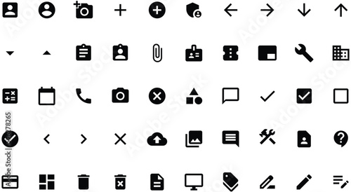 Set of 50 technology flat icons for websites or mobile applications. Black vector illustration isolated on white.