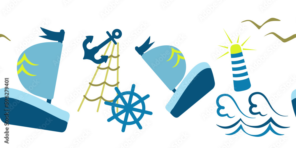 Nautical elements: ship, anchor, lighthouse, waves, seagulls, rope ...