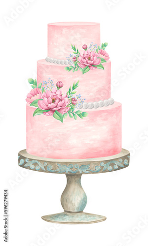 Pink wedding cake in three tiers, decorated with peonies on a stand. Watercolor illustration on a white background