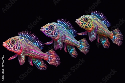 three colorful fish swimming in a dark background. Generative AI