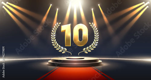 Top 10 best podium award sign, golden object. Vector illustration