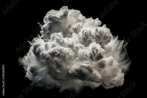 Fluffy white clouds set against a black background in clipart form. Generative AI