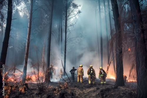 Fototapet Brave Firefighters Tackle Wildfire in Devastated Forest, Combating Environmental