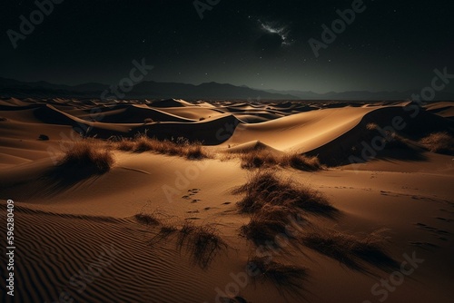 Yellow-orange sand dunes roll through desert at night. Generative AI
