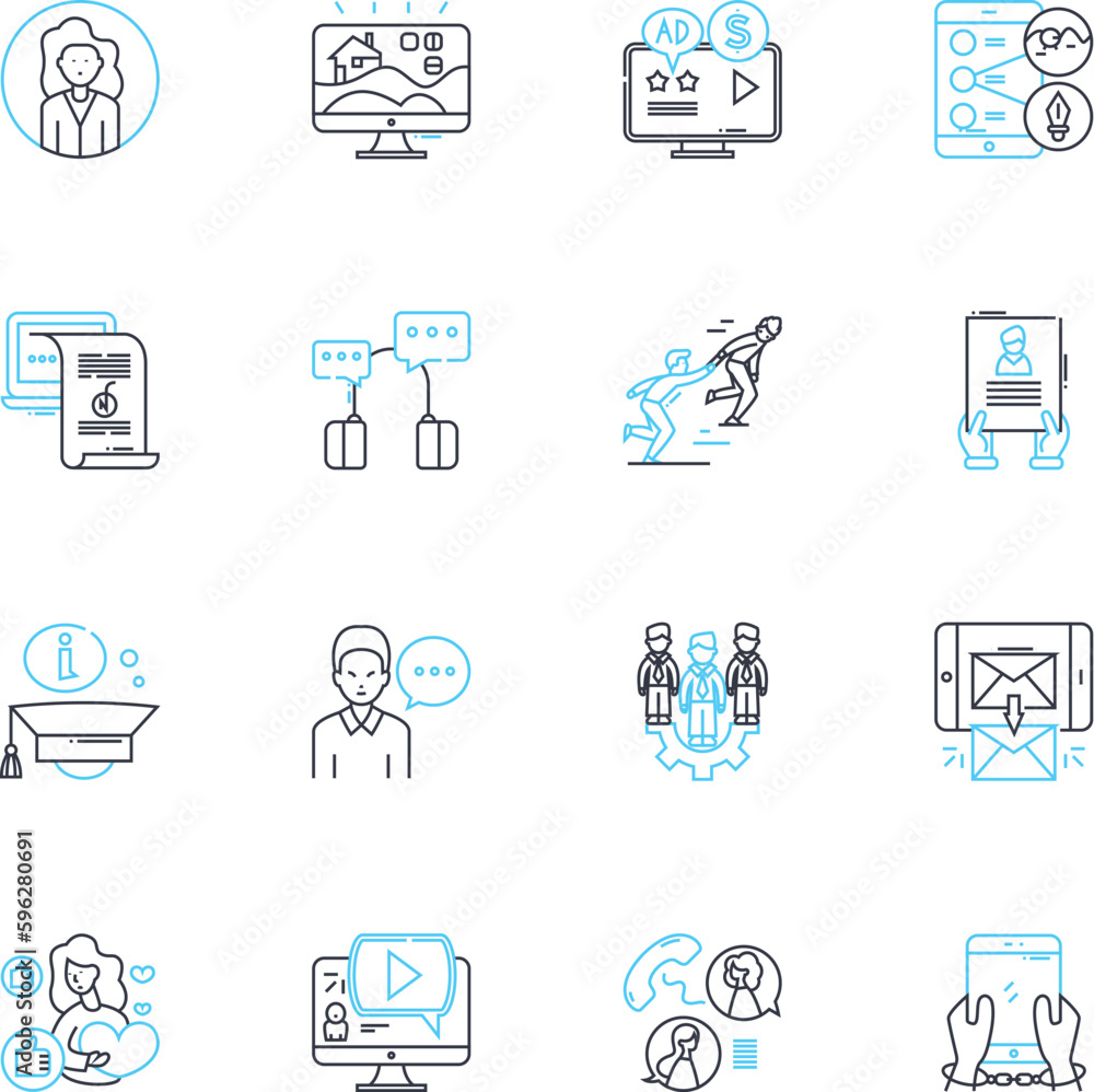Podcaster linear icons set. Microph, Recording, Broadcasting, Interviewing, Audio, Editing, Hosting line vector and concept signs. Scripting,Marketing,Guest outline illustrations Podcaster linear icons set. Microph, Recording, Broadcasting, Interviewing, Audio, Editing, Hosting line vector and concept signs. Scripting,Marketing,Guest outline illustrations