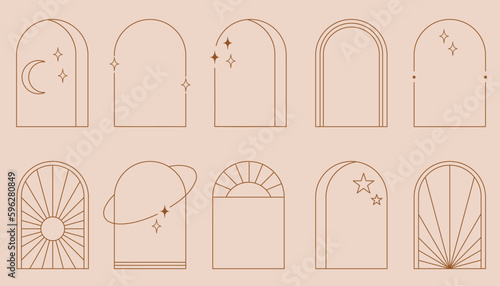 Line arch frame set. Bohemian linear shapes with space and sky elements. Stars and sun in emblem or label, gold logo template. Boho architecture objects for wedding cards and posters design. Vector