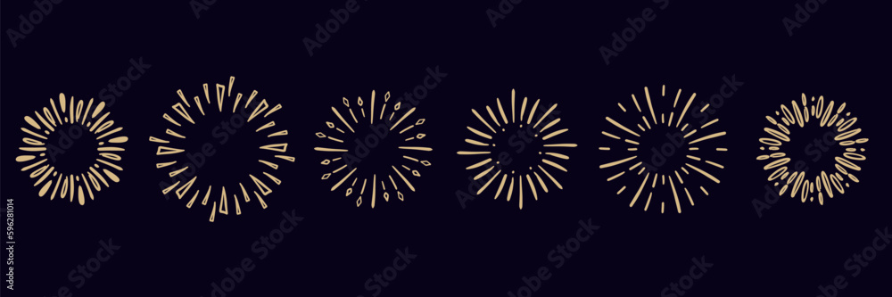 Fototapeta premium Starburst hand drawn elements. Circle sunburst doodle drawing, framed design, badge or label decor. Abstract outline burst, star or firework, explosion or light rays. Vector isolated icons set