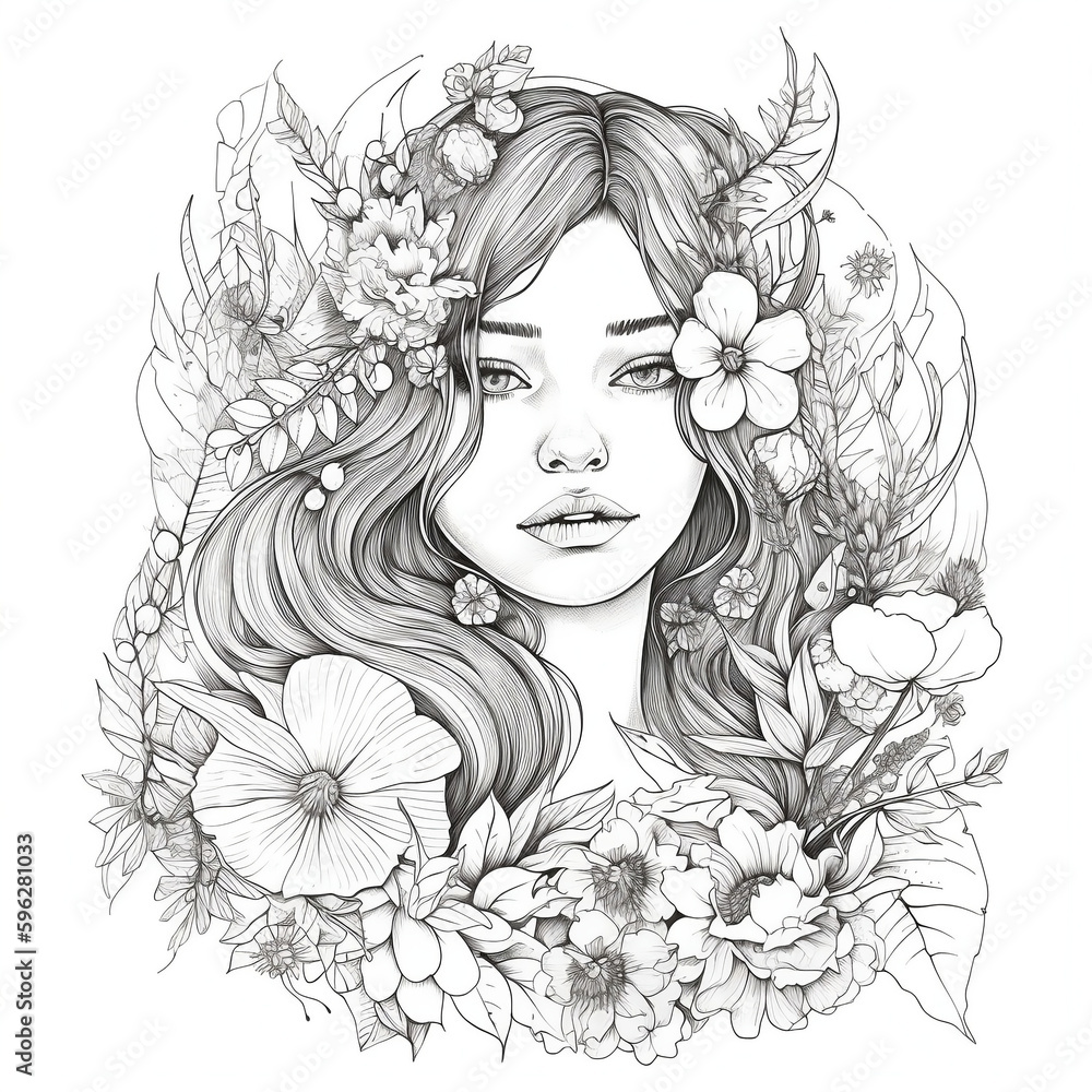 Fototapeta premium Printable Women Colouring Page Grayscale Illustration created with Ai technology