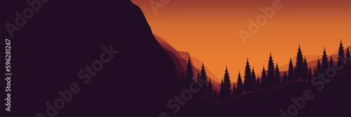 landscape mountain sky sunset outdoor forest silhouette vector illustration good for wallpaper design, design template, background template, and tourism design template