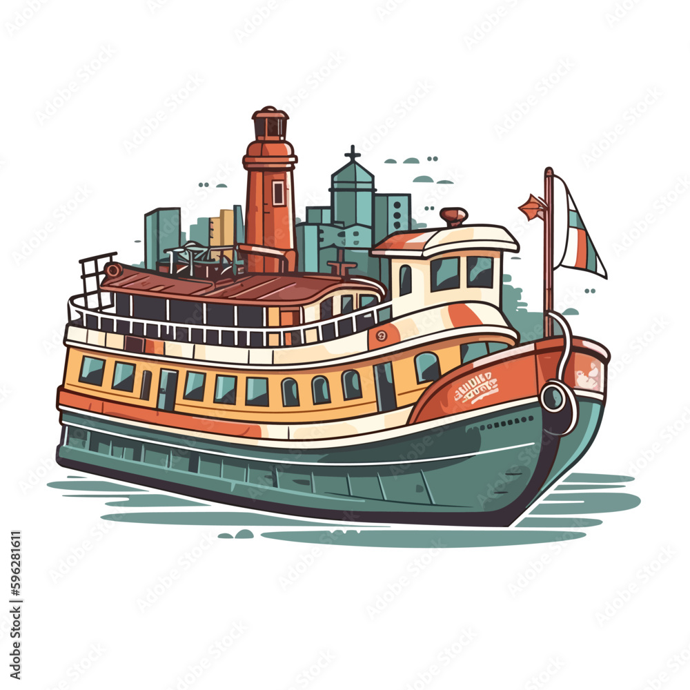 Entertainment ocean liner for passengers. Cruiser for tourist passengers. Holidays and leisure at sea. Cartoon vector illustration. label, sticker, t-shirt printing