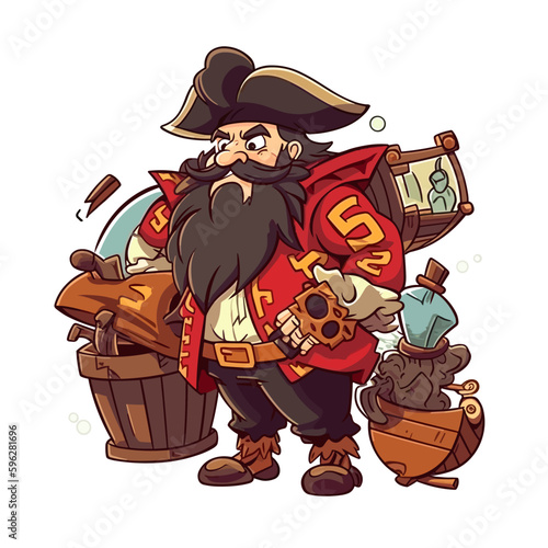 Smiling pirate with treasure. The adventure of the corsairs. Cartoon vector illustration. label, sticker, t-shirt printing