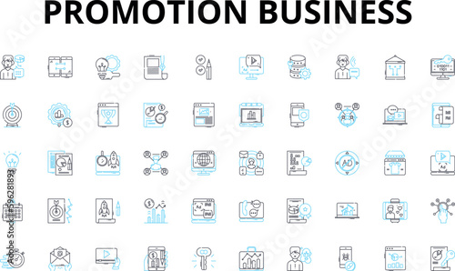Promotion business linear icons set. Advertising, Marketing, Branding, Publicity, Promotions, Sales, Campaigns vector symbols and line concept signs. Exposure,Engagement,Outreach illustration
