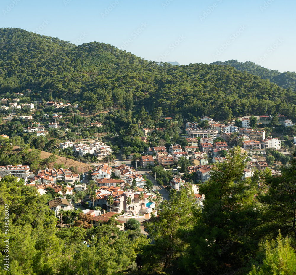 Turkish tourist village in beautiful valley shot