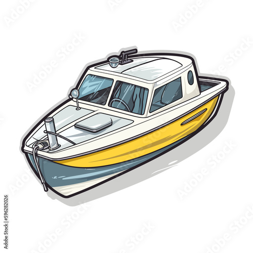 A small motorboat. Motorboat rental. Maintenance and service of motor boats. Cartoon vector illustration. label, sticker, t-shirt printing