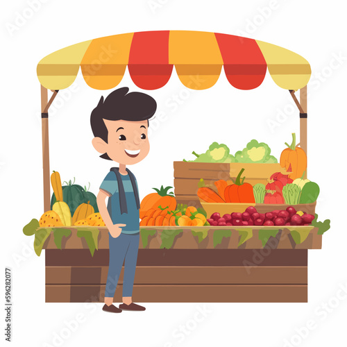 Vegetable and fruit stall. Small food market. Healthy lifestyle. Organic food. Farm products. Cartoon vector illustration. label, sticker, t-shirt printing