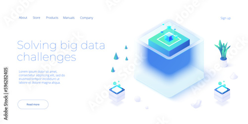 Big data technology in isometric vector illustration. Information storage and analysis system. Digital technology website landing page template