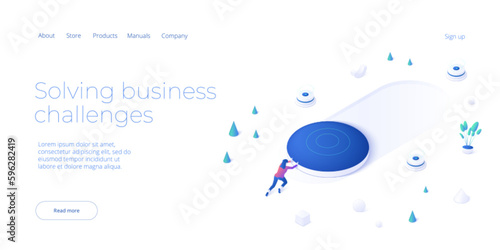 Business strength potential in isometric vector design concept. Business action and project launch. Powerful businesswoman striving and achieving corporate goal
