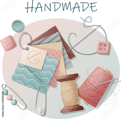 Postcard with sewing tools. Sewing, hobby, needlework. Illustration with pins, threads, pin cushion, buttons.Background, banner flyer for sewing workshop