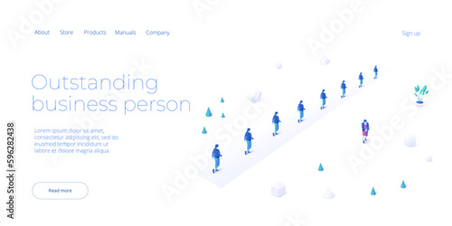 Different or unique person in team. Business individuality concept in isometric vector design. Outstanding competitor in commercial rivalry or leadership advantage. Web banner layout template