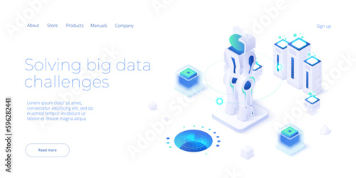 Chatbot or artificial intelligence network concept in isometric vector illustration. Neuronet or ai technology background with robot head and connections of neurons. Web banner layout template