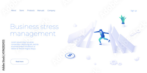 Business strength potential in isometric vector design concept. Business man under pressure and stress, vector concept. Symbol of hard work, burnout syndrome
