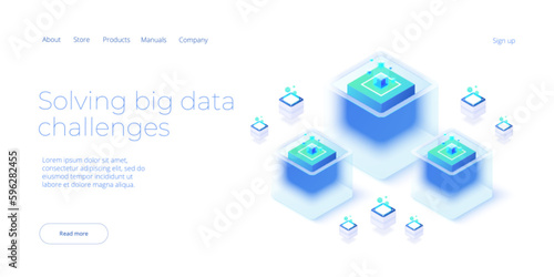 Big data technology in isometric vector illustration. Information storage and analysis system. Digital technology website landing page template