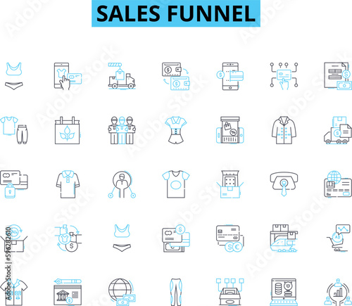 Sales funnel linear icons set. Leads, Conversion, Awareness, Engagement, Retargeting, Upsell, Cross-sell line vector and concept signs. Funnel,Pipeline,CTA outline illustrations