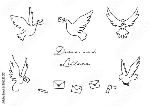 手紙を届けに羽ばたく白い鳩のシンプルなベクター線イラスト