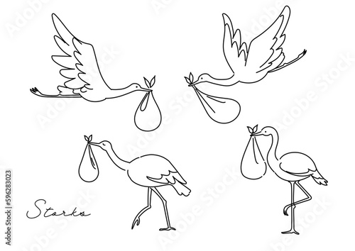 おくるみに入った赤ちゃんを運ぶコウノトリのベクター線イラスト