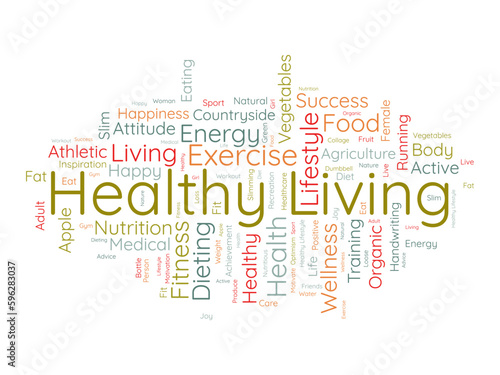 Word cloud background concept for Healthy living. diet exercise  fit lifestyle with organic food of eating energy. vector illustration.