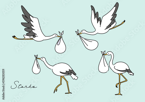 おくるみに入った赤ちゃんを運ぶコウノトリのベクター線イラスト