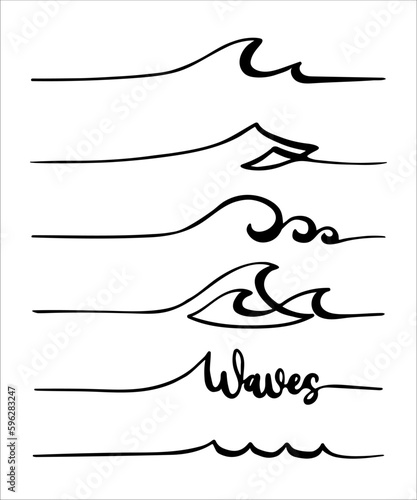 Doodle set of waves drawn with one line photo